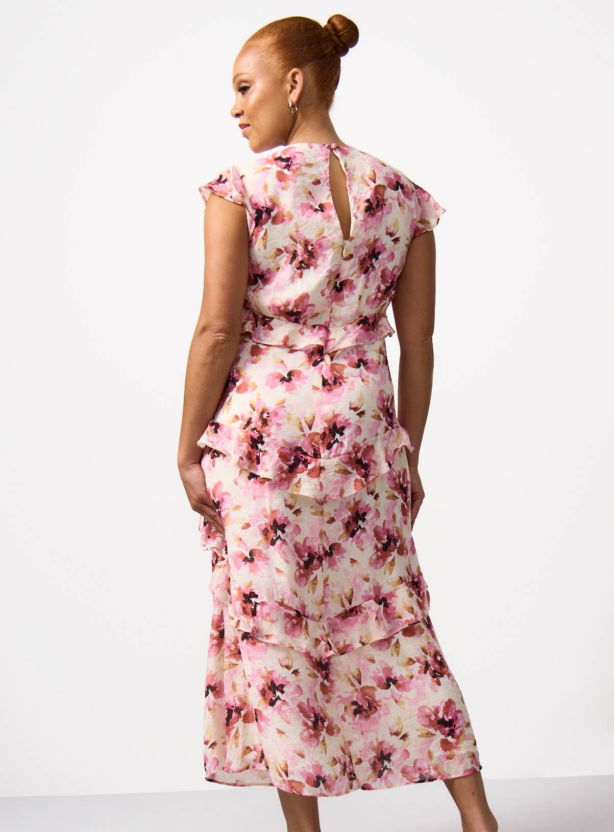 Pink Floral Print Ruffle Detail Midaxi Waisted Dress 16 - Image 4